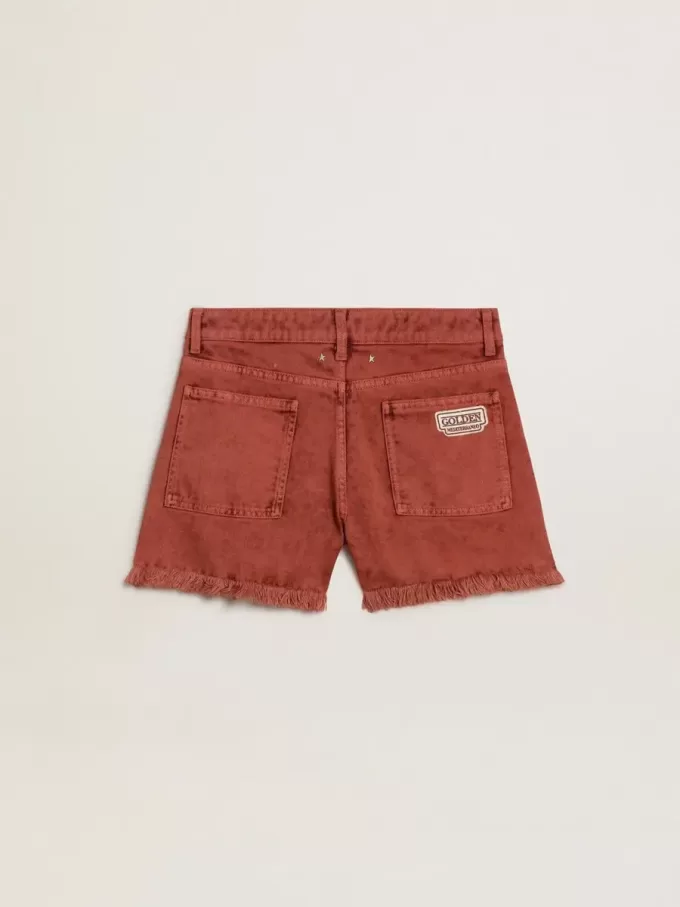 Pantaloni scurți pentru femei din denim roșu cărămiziu cu broderie Golden Mediterraneo