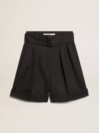 Pantaloni scurți pentru femei din gabardină de lână neagră, cu curea în talie Pantaloni scurți pentru femei din gabardină de lână neagră, cu curea în talie