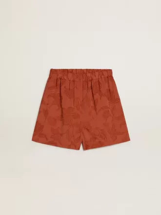 Pantaloni scurți pentru femei din jacquard roșu cărămiziu cu model floral marin Pantaloni scurți pentru femei din jacquard roșu cărămiziu cu model floral marin