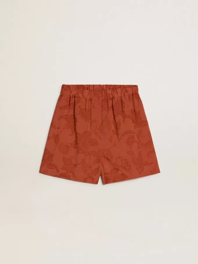 Pantaloni scurți pentru femei din jacquard roșu cărămiziu cu model floral marin Pantaloni scurți pentru femei din jacquard roșu cărămiziu cu model floral marin