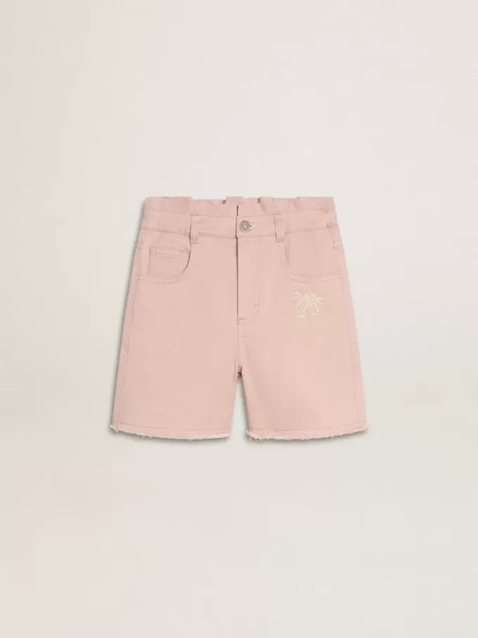 Pantaloni scurți roz din bumbac pentru fete, cu broderie
