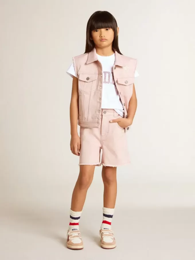 Pantaloni scurți roz din bumbac pentru fete, cu broderie