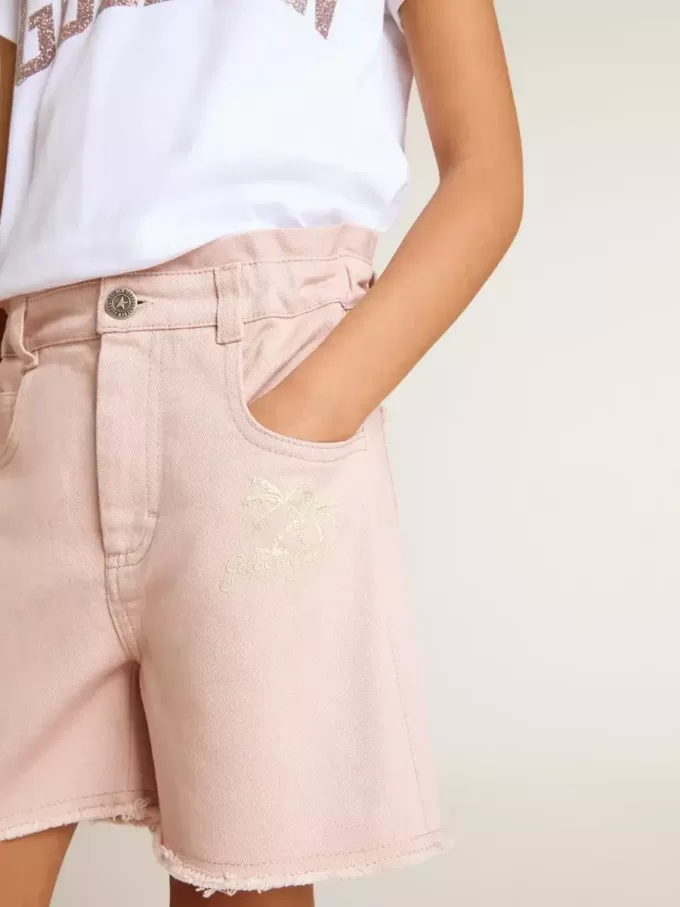 Pantaloni scurți roz din bumbac pentru fete, cu broderie