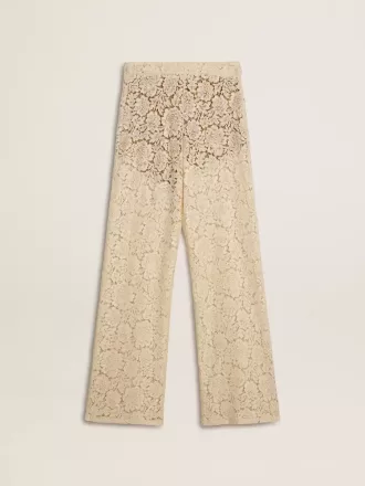 Pantaloni transparenți din dantelă de culoare crem pentru femei