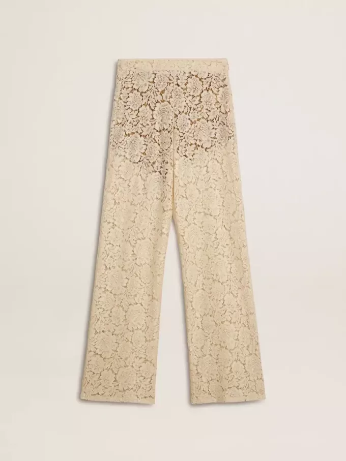Pantaloni transparenți din dantelă de culoare crem pentru femei Pantaloni transparenți din dantelă de culoare crem pentru femei