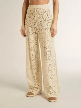 Pantaloni transparenți din dantelă de culoare crem pentru femei
