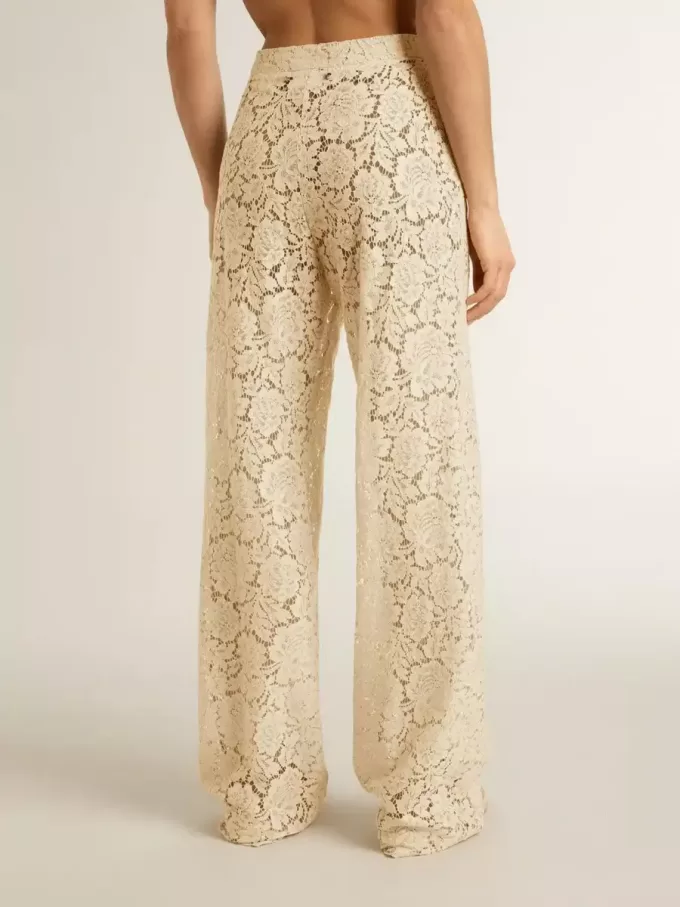 Pantaloni transparenți din dantelă de culoare crem pentru femei Pantaloni transparenți din dantelă de culoare crem pentru femei