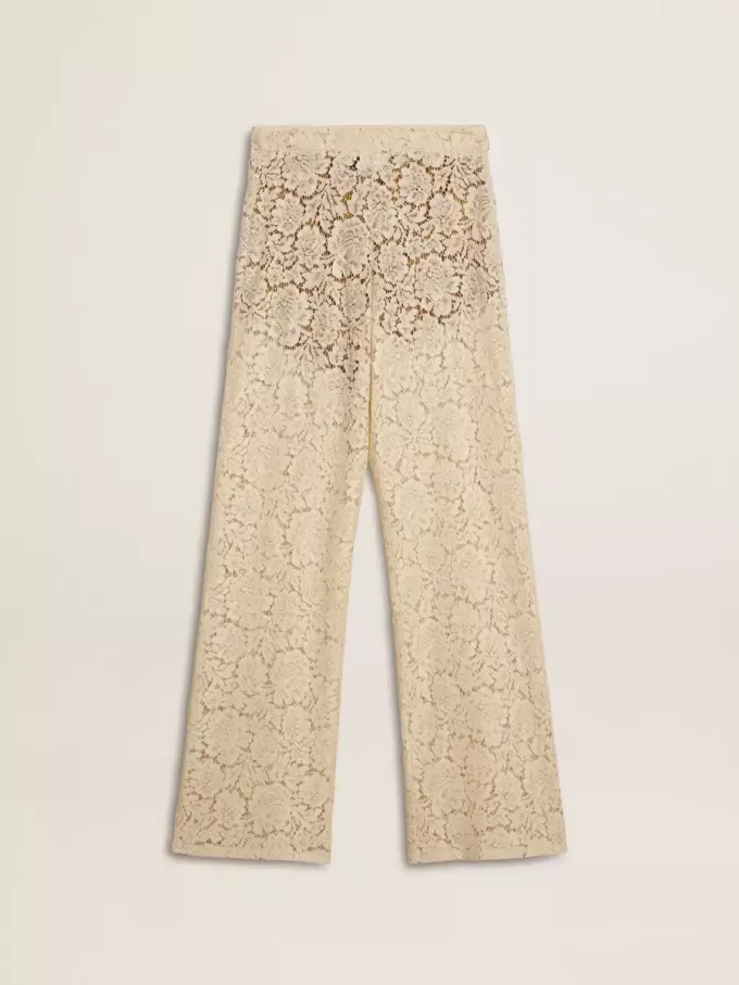 Pantaloni transparenți din dantelă de culoare crem pentru femei Pantaloni transparenți din dantelă de culoare crem pentru femei