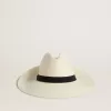 Pălărie fedora aurie din paie albă, cu panglică neagră și imprimeu marin sub bor