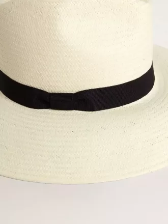 Pălărie fedora aurie din paie albă, cu panglică neagră și imprimeu marin sub bor