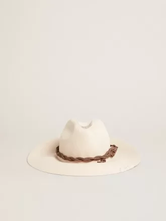 Pălărie fedora de culoarea pergamentului, cu bandă din piele Pălărie fedora de culoarea pergamentului, cu bandă din piele