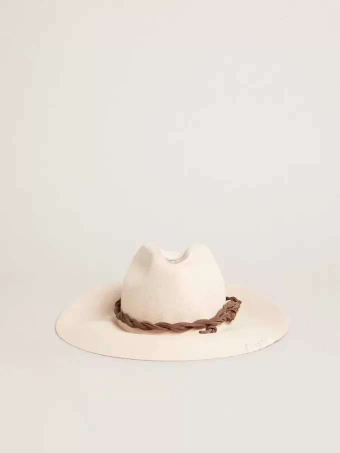 Pălărie fedora de culoarea pergamentului, cu bandă din piele Pălărie fedora de culoarea pergamentului, cu bandă din piele