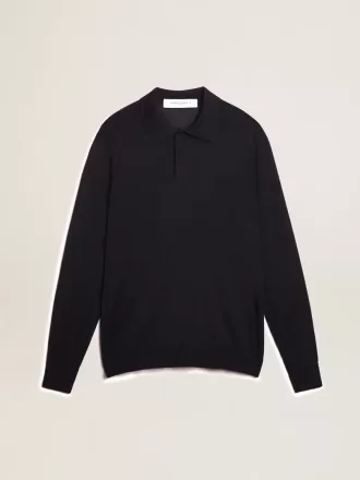 Polo cu mâneci lungi pentru bărbați, din lână merino albastru închis