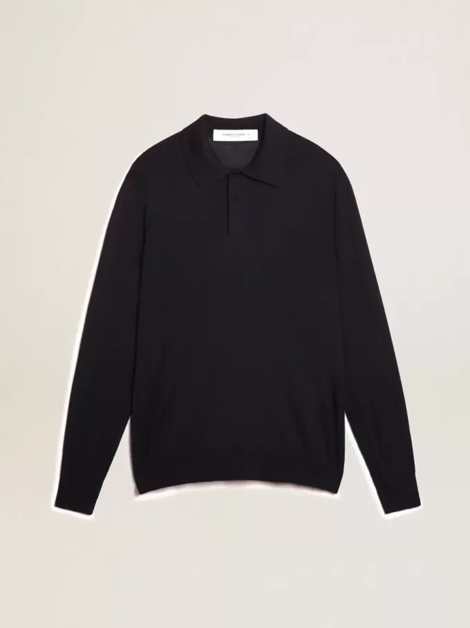 Polo cu mâneci lungi pentru bărbați, din lână merino albastru închis Polo cu mâneci lungi pentru bărbați, din lână merino albastru închis