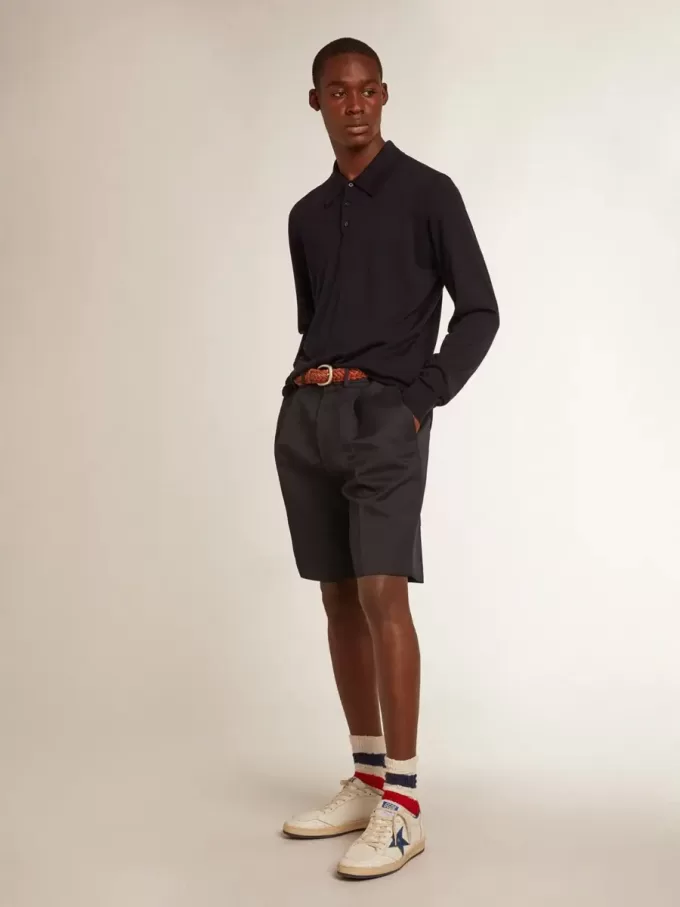 Polo cu mâneci lungi pentru bărbați, din lână merino albastru închis Polo cu mâneci lungi pentru bărbați, din lână merino albastru închis