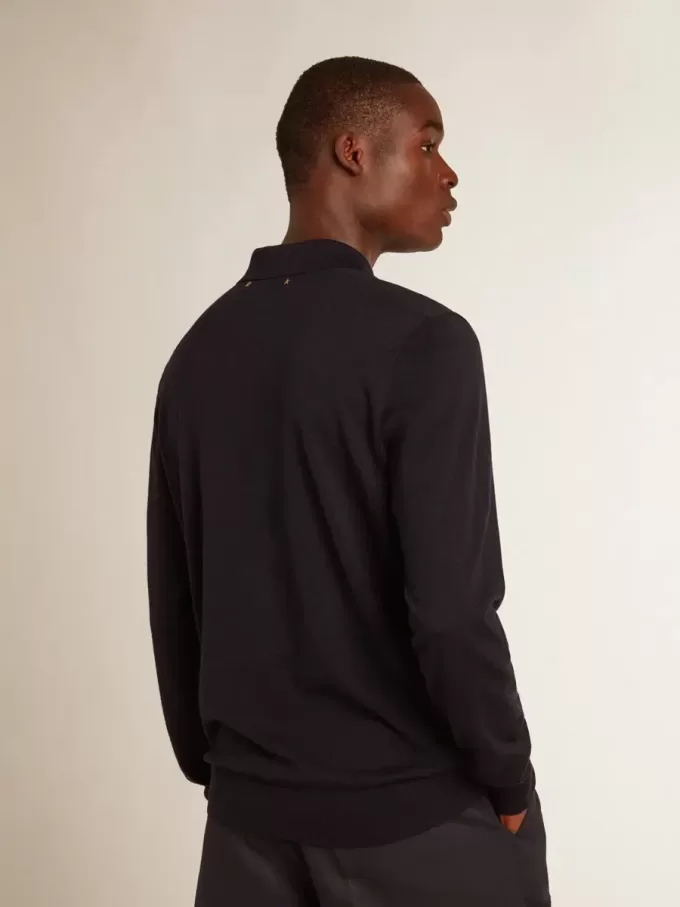 Polo cu mâneci lungi pentru bărbați, din lână merino albastru închis Polo cu mâneci lungi pentru bărbați, din lână merino albastru închis