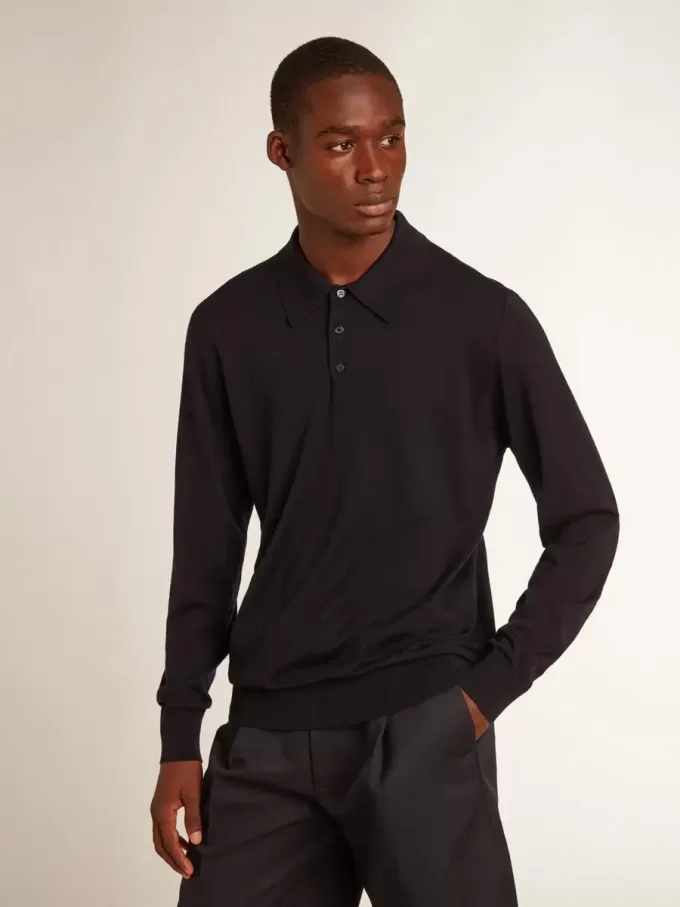 Polo cu mâneci lungi pentru bărbați, din lână merino albastru închis Polo cu mâneci lungi pentru bărbați, din lână merino albastru închis
