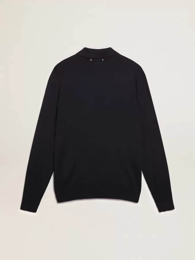 Polo cu mâneci lungi pentru bărbați, din lână merino albastru închis Polo cu mâneci lungi pentru bărbați, din lână merino albastru închis