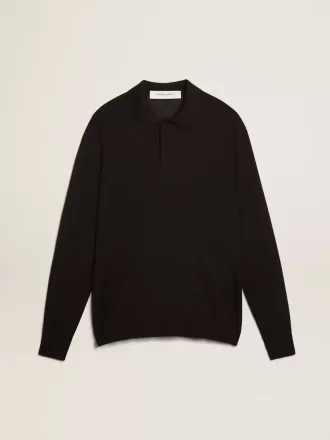Polo cu mâneci lungi pentru bărbați, din lână merino neagră