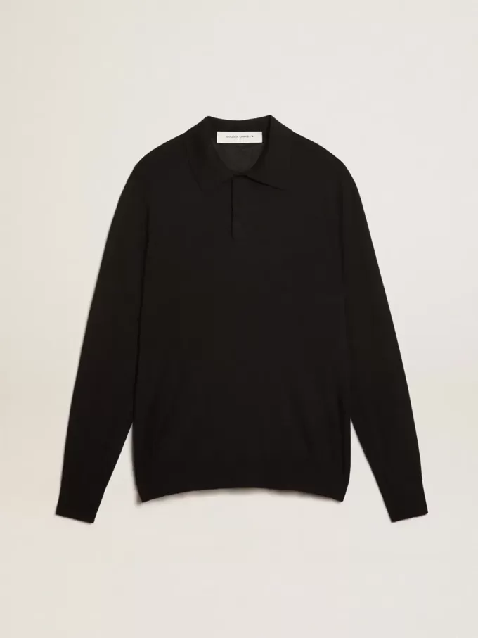 Polo cu mâneci lungi pentru bărbați, din lână merino neagră Polo cu mâneci lungi pentru bărbați, din lână merino neagră