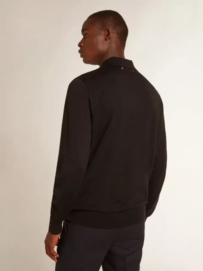 Polo cu mâneci lungi pentru bărbați, din lână merino neagră Polo cu mâneci lungi pentru bărbați, din lână merino neagră