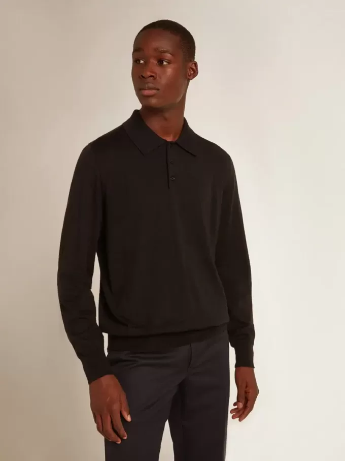Polo cu mâneci lungi pentru bărbați, din lână merino neagră Polo cu mâneci lungi pentru bărbați, din lână merino neagră