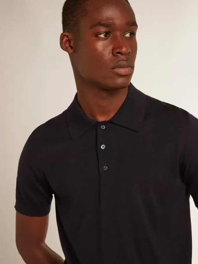 Polo cu mâneci scurte pentru bărbați, din lână merino albastru închis Polo cu mâneci scurte pentru bărbați, din lână merino albastru închis