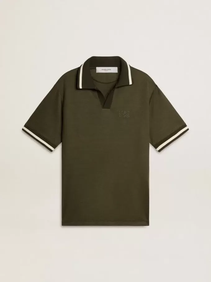 Polo din tricou verde militar pentru bărbați, cu broderie Polo din tricou verde militar pentru bărbați, cu broderie