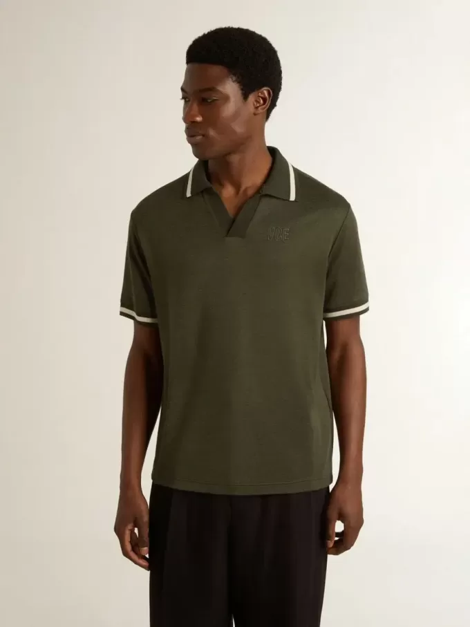 Polo din tricou verde militar pentru bărbați, cu broderie Polo din tricou verde militar pentru bărbați, cu broderie