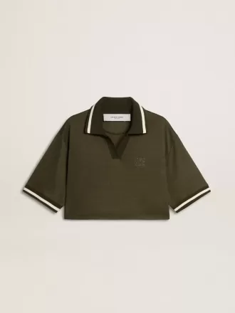 Polo scurt pentru femei din tricou verde militar cu broderie