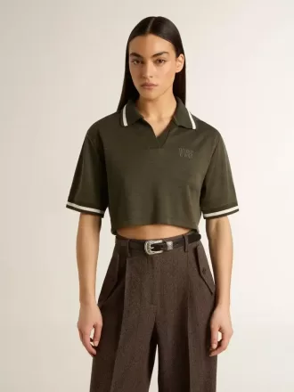 Polo scurt pentru femei din tricou verde militar cu broderie