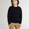 Pulover albastru pentru băieți, cu guler rotund și inscripția „Golden” pe spate