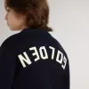 Pulover albastru pentru băieți, cu guler rotund și inscripția „Golden” pe spate