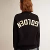 Pulover cu guler rotund pentru femei, din bumbac albastru închis, cu logo pe spate Pulover cu guler rotund pentru femei, din bumbac albastru închis, cu logo pe spate