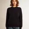 Pulover cu guler rotund pentru femei, din bumbac albastru închis, cu logo pe spate Pulover cu guler rotund pentru femei, din bumbac albastru închis, cu logo pe spate