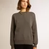 Pulover cu guler rotund pentru femei, din bumbac gri închis, cu logo pe spate Pulover cu guler rotund pentru femei, din bumbac gri închis, cu logo pe spate