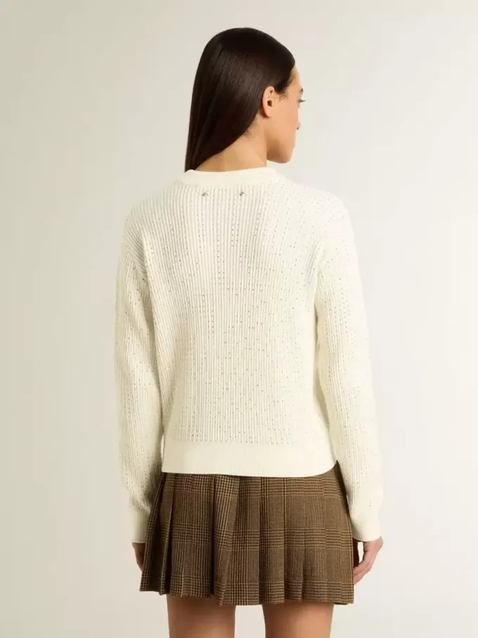 Pulover cu guler rotund pentru femei, din lână merino albă, cu cristale pe toată suprafața Pulover cu guler rotund pentru femei, din lână merino albă, cu cristale pe toată suprafața