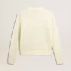 Pulover cu guler rotund pentru femei, din lână merino albă, cu cristale pe toată suprafața Pulover cu guler rotund pentru femei, din lână merino albă, cu cristale pe toată suprafața