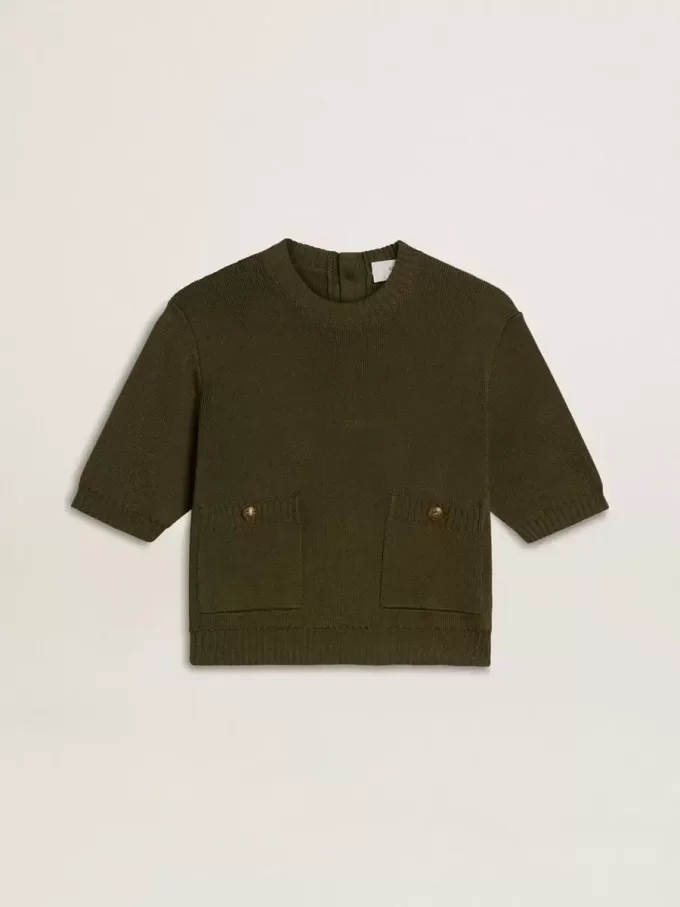 Pulover cu mâneci scurte pentru femei, din bumbac verde militar Pulover cu mâneci scurte pentru femei, din bumbac verde militar