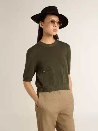 Pulover cu mâneci scurte pentru femei, din bumbac verde militar