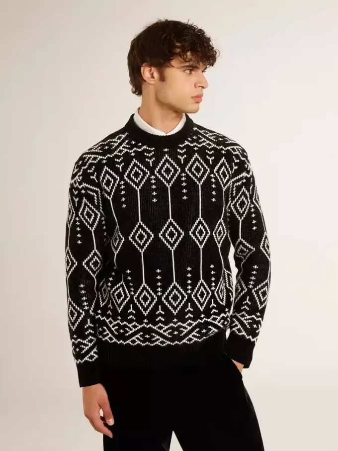 Pulover din amestec de lână pentru bărbați, cu guler rotund și model jacquard argyle