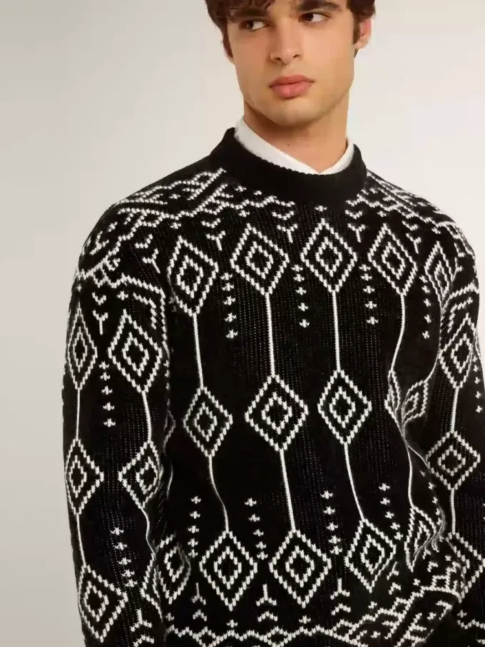 Pulover din amestec de lână pentru bărbați, cu guler rotund și model jacquard argyle