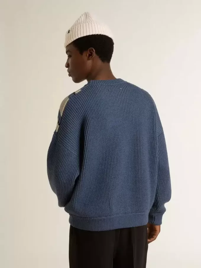 Pulover din lână jacquard albastru deschis pentru bărbați, cu model de culoare crem Pulover din lână jacquard albastru deschis pentru bărbați, cu model de culoare crem