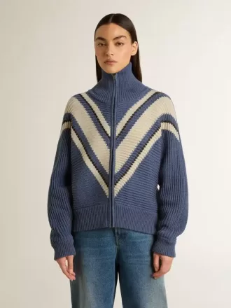 Pulover din lână jacquard albastru deschis pentru femei, cu model de culoare crem
