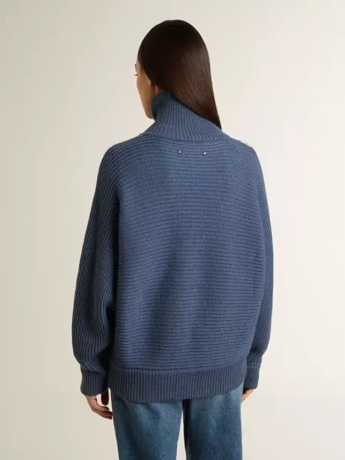 Pulover din lână jacquard albastru deschis pentru femei, cu model de culoare crem Pulover din lână jacquard albastru deschis pentru femei, cu model de culoare crem