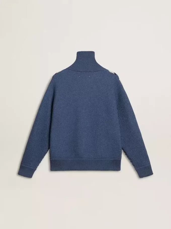 Pulover din lână jacquard albastru deschis pentru femei, cu model de culoare crem Pulover din lână jacquard albastru deschis pentru femei, cu model de culoare crem
