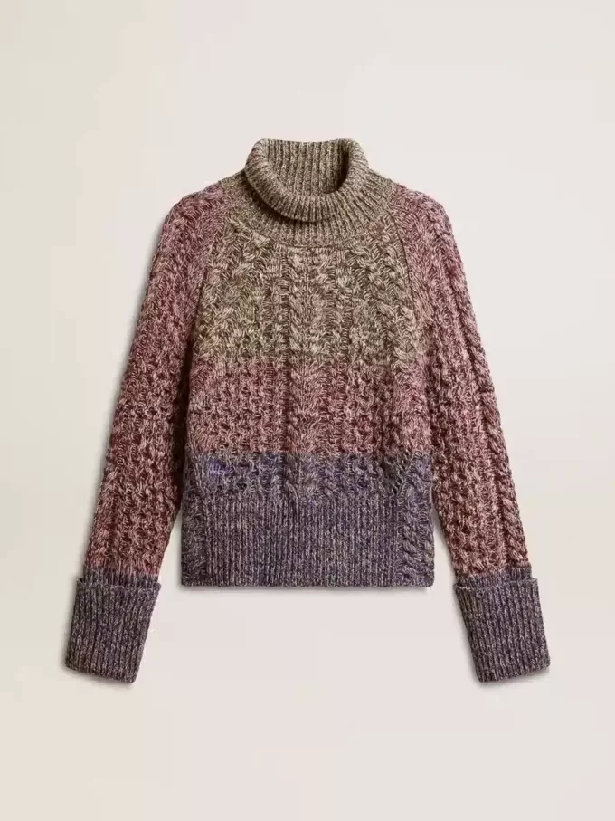 Pulover multicolor cu guler înalt pentru femei, din fire mouliné Pulover multicolor cu guler înalt pentru femei, din fire mouliné