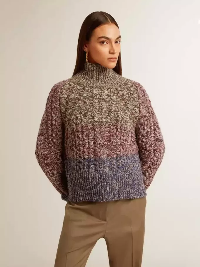 Pulover multicolor cu guler înalt pentru femei, din fire mouliné Pulover multicolor cu guler înalt pentru femei, din fire mouliné