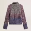 Pulover multicolor cu guler înalt pentru femei, din fire mouliné Pulover multicolor cu guler înalt pentru femei, din fire mouliné