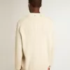 Pulover pentru bărbați cu guler rotund, din bumbac de culoare panama, cu logo pe spate Pulover pentru bărbați cu guler rotund, din bumbac de culoare panama, cu logo pe spate